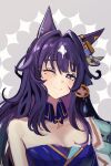  1girl ;) animal_ears bare_shoulders blue_dress bright_pupils commentary_request dress grey_background hair_intakes head_tilt highres horse_ears long_hair looking_at_viewer mole mole_under_eye one_eye_closed purple_eyes purple_hair smile solo solokitsune strapless strapless_dress umamusume upper_body verxina_(umamusume) white_pupils 