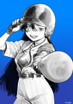  1girl absurdres adjusting_clothes adjusting_headwear ado_(utaite) artist_name baseball_bat baseball_helmet baseball_uniform blue_background breasts cloud_nine_inc commentary_request cowboy_shot foreshortening gloves greyscale_with_colored_background hair_between_eyes hand_up helmet highres holding holding_baseball_bat jumpsuit long_hair looking_at_viewer medium_breasts mushroom_(osh320) open_mouth outstretched_arm pinstripe_pattern readymade_(ado) shirt short_sleeves simple_background smile solo sportswear striped taut_clothes taut_shirt undershirt uneven_eyes utaite v-shaped_eyebrows 
