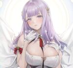 1girl azur_lane bangs between_breasts blunt_bangs breasts cleavage douya_(233) gloves halo large_breasts light_purple_hair long_hair looking_at_viewer open_mouth plymouth_(azur_lane) purple_eyes red_ribbon ribbon solo upper_body white_gloves 
