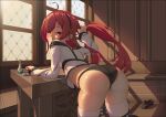  1girl ahoge ass ass_focus bent_over black_hairband black_panties blush bottle cupboard diamond_mouth elbow_on_table eris_greyrat feet_out_of_frame hair_over_one_eye hairband hand_in_own_hair highres indoors jacket mushoku_tensei panties presenting_ass red_eyes red_hair reflection shoes skindentation solo tenroy thighhighs twintails underwear unworn_shoes white_jacket white_thighhighs window window_shade 