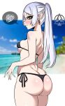  1girl ass ass_focus bikini dangle_earrings dizzle drop_earrings earrings elf frieren from_behind green_eyes highres huge_ass jewelry long_hair looking_at_viewer looking_back parted_bangs pointy_ears solo sousou_no_frieren swimsuit thick_thighs thighs thong thong_bikini twintails white_hair 