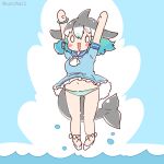  1girl arms_up blue_background blue_hair cetacean_tail common_bottlenose_dolphin_(kemono_friends) coroha dolphin_girl dress fins fish_tail full_body grey_hair head_fins jumping kemono_friends long_hair looking_at_viewer multicolored_hair panties sailor_collar sailor_dress shoes simple_background solo tail two-tone_hair underwear 