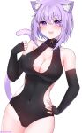  1girl absurdres ahoge animal_ear_fluff animal_ears aurahman bare_shoulders blush breasts cat_ears cat_girl cat_tail cleavage covered_navel detached_sleeves hair_between_eyes hand_on_own_hip highres hololive large_breasts looking_at_viewer nekomata_okayu open_mouth purple_eyes purple_hair short_hair simple_background solo tail virtual_youtuber white_background 