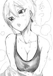  1girl bare_shoulders blush bra breasts check_commentary cleavage collarbone commentary commentary_request earrings eyelashes flying_sweatdrops greyscale hair_between_eyes head_tilt highres idolmaster idolmaster_cinderella_girls jewelry large_breasts looking_to_the_side monochrome motion_lines open_mouth purivizi3 shiomi_syuko short_hair sketch solo speech_bubble sports_bra steam steaming_body sweat translation_request underwear undressing unworn_shirt upper_body very_sweaty 