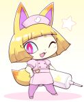  1girl animal_ears blonde_hair blunt_bangs bob_cut fox_ears fox_tail full_body hand_on_own_hip hat holding holding_syringe kon-tan large_syringe looking_at_viewer nollety nurse nurse_cap one_eye_closed open_mouth oversized_object pantyhose pink_eyes solo standing syringe tail youkai_(youkai_watch) youkai_watch 