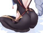  1girl absurdres ass back_cutout bare_back bodystocking clothing_cutout commentary genshin_impact grey_hair highres hip_vent long_hair no_shoes seiza shenhe_(genshin_impact) sitting smurtz solo thighs very_long_hair 