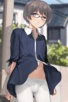  1boy :t absurdres black-framed_eyewear black_hair blush building bulge buttons crossdressing highres male_focus navel original otoko_no_ko outdoors pantyhose pout purple_eyes short_hair solo sunaba_(nczd5875) utility_pole white_pantyhose wind wind_lift 