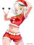  1girl christmas cowboy_shot grin hat hazakura_hinata highres holly merry_christmas original red_headwear santa_hat short_shorts shorts smile standing stomach v white_background white_hair yellow_eyes 