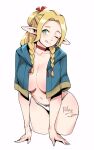  blonde_hair blue_robe breasts dungeon_meshi elf english_commentary green_eyes hair_around_ear long_hair looking_at_viewer marcille_donato navel one_eye_closed panties pointy_ears relaxjon robe solo underwear 