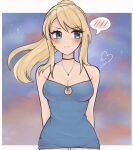  1girl alternate_costume bare_shoulders blonde_hair blue_dress blue_eyes blush breasts cleavage cleavage_cutout clothing_cutout commentary cowboy_shot dress highres long_hair medium_breasts metroid pencil_dress ponytail purrlucii samus_aran short_dress sleeveless sleeveless_dress solo spaghetti_strap standing 