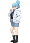  1girl aqua_(konosuba) black_footwear black_sweater blue_eyes blue_scarf blush can double_bun hair_bun hand_up highres holding holding_can hood hood_down izawa_(bhive003) jacket kono_subarashii_sekai_ni_shukufuku_wo! miniskirt open_clothes open_jacket scarf simple_background skirt solo sweater white_background white_jacket winter_clothes 