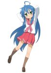  1girl :3 absurdres ahoge arms_behind_back arms_up bangs blue_hair blush brown_footwear brown_socks closed_mouth commentary_request full_body green_eyes highres izumi_konata kicchi_(tmgk) kneehighs loafers long_hair long_sleeves looking_at_viewer lucky_star mole mole_under_eye neckerchief pink_neckerchief pink_sailor_collar pink_skirt purple_hair ryouou_school_uniform sailor_collar school_uniform serafuku shoes simple_background skirt socks solo white_background 