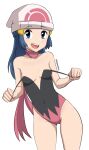  1girl adapted_costume areola_slip artist_name ass_visible_through_thighs bare_shoulders beanie black_leotard blue_eyes blue_hair blush breasts clenched_hands collarbone commentary covered_navel cowboy_shot dawn_(pokemon) hair_ornament hairclip hands_up happy hat leotard long_hair looking_at_viewer open_mouth pabsmikan pink_scarf poke_ball_symbol pokemon pokemon_dppt pulled_by_self scarf sidelocks simple_background skin_tight small_breasts smile solo standing strap_pull teeth thighs twitter_username two-tone_leotard watermark white_background white_headwear 