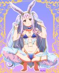  1girl absurdres animal_ears arms_up ass azur_lane barefoot bikini blue_bikini bracelet breasts brown_eyes cameltoe circlet commentary_request feet gem harem_outfit highleg highleg_bikini highres jewelry legs long_hair looking_at_viewer navel necklace rabbit_ears rabbit_girl shimakaze_(azur_lane) small_breasts solo spread_legs squatting stomach swimsuit thighlet thighs toes two_side_up umyonge_(lkakeu) very_long_hair white_hair 