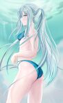  1girl absurdres ass bare_shoulders bikini blue_bikini blue_eyes blush braid breasts closed_mouth fate/grand_order fate_(series) french_braid from_behind grey_hair highres large_breasts long_hair looking_at_viewer looking_back morgan_le_fay_(fate) nipples ponytail sidelocks smile solo swimsuit thighhighs thighs very_long_hair wet wet_clothes wet_swimsuit 