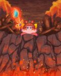  embers fire frown glowing glowing_sword glowing_weapon helmet highres kirby kirby:_star_allies kirby_(series) looking_to_the_side miclot molten_rock morpho_knight red_sky sky sparkle sword torch volcano weapon 