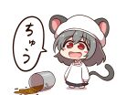  1girl animal_ears apron blush_stickers chibi cooking_pot grey_hair hat highres kappougi mouse_ears mouse_girl mouse_tail nazrin open_mouth pleated_skirt red_eyes shitacemayo skirt smile solo spill tail touhou translated 