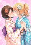  2girls absurdres betock blonde_hair blue_kimono blush closed_eyes floral_background floral_print flower french_kiss highres holding_hands interlocked_fingers japanese_clothes kimono kiss long_sleeves multiple_girls original pink_background print_kimono red_flower tongue tongue_out white_flower white_kimono wide_sleeves yuri 