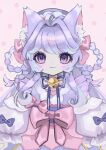  1girl :3 animal_ear_fluff animal_ears bell blue_bow bow braided_hair_rings cat_ears cat_girl closed_mouth hair_ribbon highres jingle_bell long_hair long_sleeves looking_at_viewer neck_bell original pink_background pink_bow pink_ribbon purple_eyes purple_hair purple_headwear ribbon shiona_(siona0625) solo star_(symbol) starry_background straight-on upper_body 
