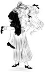  2girls absurdres aino_minako bishoujo_senshi_sailor_moon carrying carrying_over_shoulder carrying_person commentary constricted_pupils english_commentary greyscale hand_in_pocket high_ponytail highres kino_makoto long_hair long_skirt long_sleeves monochrome multiple_girls photo-referenced pleated_skirt school_uniform serafuku skirt very_long_hair yamino 