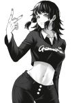  1girl absurdres black_hair chainsaw_man highres laba_laba_batu looking_at_viewer midriff mifune_fumiko monochrome navel smile solo stomach upper_body v 