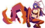  1girl antenna_hair bare_shoulders belt bikini bikini_top_only blue_hair breasts cleavage disgaea disgaea_d2 exa1018 full_body genderswap genderswap_(mtf) hair_between_eyes huge_antenna_hair laharl-chan large_breasts long_hair looking_at_viewer navel pants pointy_ears pursed_lips red_eyes red_pants red_scarf scarf simple_background solo spiked_hair swimsuit torn_clothes torn_pants torn_scarf very_long_hair white_background 