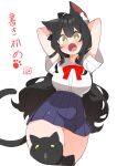  1girl :o absurdres animal_ears animal_print arm_garter armband arms_behind_head black_armband black_hair bow breasts bright_pupils cat_ears cat_girl cat_print cat_tail cropped_legs fang highres large_breasts long_hair no_nose open_mouth original paw_print red_bow school_uniform solo tail thick_thighs thighhighs thighs uruti_2388 very_long_hair white_background white_pupils yellow_eyes zettai_ryouiki 