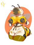 &lt;3 antennae_(anatomy) anthro areola arthropod arthropod_abdomen bee beekeeper big_breasts blush blush_lines bodily_fluids breasts clothing exposed_breasts female food grey_areola grey_nipples hi_res honey_(food) huge_breasts hymenopteran insect insect_wings lactating lactating_honey mask nipples pink_background raul_maduro simple_background solo stinger_(anatomy) thick_thighs unusual_bodily_fluids unusual_lactation white_background white_clothing wide_hips wings yellow_body
