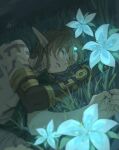  1boy animal_ears archaic_set_(zelda) brown_hair choumame closed_eyes glowing_flower link lying male_focus night on_grass on_ground on_side open_mouth pointy_ears silent_princess sleeping solo the_legend_of_zelda the_legend_of_zelda:_tears_of_the_kingdom 