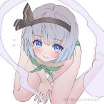  1girl bangs black_hairband blush face flying_sweatdrops from_above green_vest hair_ribbon hairband hitodama konpaku_youmu konpaku_youmu_(ghost) ribbon shiroi_karasu short_hair solo touhou vest white_background 