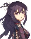  1girl ao_no_kiseki black_hair bow-shaped_hair breasts double-parted_bangs eiyuu_densetsu falcom from_side hair_between_eyes large_breasts long_hair looking_at_viewer open_mouth portrait purple_eyes rixia_mao simple_background solo upper_body white_background zero_no_kiseki 