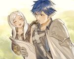  1boy 1girl abinosu0903 armor blue_hair chrom_(fire_emblem) closed_eyes collarbone commentary_request eyelashes fire_emblem fire_emblem_awakening highres holding holding_paper long_hair open_mouth outdoors paper parted_bangs parted_lips robe robin_(female)_(fire_emblem) robin_(fire_emblem) short_hair shoulder_armor smile sweat twintails walking white_hair wide_sleeves 