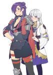  2girls armor asymmetrical_clothes bangs blunt_bangs blush breasts cape choker cleavage crushing fire_emblem fire_emblem:_three_houses fire_emblem_warriors:_three_hopes gloves hair_bun hair_over_one_eye height_difference highres holding large_breasts long_hair long_sleeves lysithea_von_ordelia multiple_girls official_alternate_costume official_alternate_hairstyle petite pink_eyes purple_eyes purple_hair radiostarkiller shez_(fire_emblem) shez_(fire_emblem)_(female) single_hair_bun size_difference white_hair yuri 