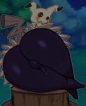 anthro balls big_butt black_body bodily_fluids bottomless butt clothed clothing costume generation_7_pokemon genital_fluids genitals hi_res huge_butt huge_thighs inuzu looking_at_viewer lying male mimikyu nintendo on_side penis pokemon pokemon_(species) precum solo thick_thighs tree_stump