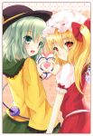  2girls black_headwear blonde_hair blouse blush border bow closed_mouth collared_shirt cowboy_shot crystal flandre_scarlet frilled_shirt_collar frilled_sleeves frills from_behind green_eyes green_hair green_skirt hair_between_eyes hair_bow hat hat_ribbon heart heart_hands heart_hands_duo heart_of_string highres komeiji_koishi light_smile looking_at_viewer looking_back medium_hair mob_cap mogupuchi multiple_girls one_side_up open_mouth puffy_short_sleeves puffy_sleeves red_bow red_eyes red_ribbon red_skirt red_vest ribbon ribbon-trimmed_headwear ribbon_trim shirt short_sleeves skirt sleeve_bow sleeve_ribbon third_eye touhou vest white_border white_headwear white_shirt wide_sleeves wings yellow_shirt 