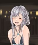  1girl ak-12_(girls&#039;_frontline) ak-12_(quiet_azure)_(girls&#039;_frontline) aqua_dress bangs bare_shoulders blurry blurry_background blush breasts cleavage closed_eyes collarbone commentary dress girls&#039;_frontline grey_hair hair_ornament highres lithographica long_hair medium_breasts official_alternate_costume open_mouth parted_lips smile solo upper_body 
