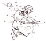  1boy drawing_sword from_side full_body hakama halorane hand_hair holding holding_sword holding_weapon ishikawa_goemon_xiii japanese_clothes jumping looking_ahead lupin_iii male_focus monochrome parted_lips sandals short_hair simple_background sketch solo star_(symbol) sword unfinished weapon wide_sleeves zouri 