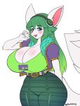  2022 5_fingers absurd_res anthro big_breasts blush breasts clothed clothing digital_media_(artwork) eyebrows eyes_closed female fingers green_hair hair hi_res kyodashiro long_hair looking_at_viewer mammal salt_(paladins) simple_background solo 