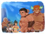  2girls 3boys abs amatsumara_(housamo) animal_ears bahamut_(bahamunoaka9) bara brown_hair brown_male_swimwear character_request chest_harness cow_boy cow_ears cow_horns eye_black facial_hair fiery_horns forked_eyebrows glowing_horns goatee harness horns inset_border large_pectorals male_focus male_swimwear mature_male multiple_boys multiple_girls muscular muscular_male official_alternate_costume old old_man one_eye_closed pectorals perspective short_hair sidepec sparkling_aura spiked_hair thick_arms thick_eyebrows tokyo_afterschool_summoners topless_male upper_body wakan_tanka wakan_tanka_(fashionista_swimsuit) yellow_eyes zabaniyya_(fashionista_swimsuit)_(housamo) zabaniyya_(housamo) 