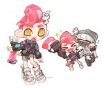  &gt;_&lt; +++ .52_gal_(splatoon) 2boys :d beanie black_footwear commission fang full_body grey_headwear grey_shorts gun hair_ornament hairclip hat heart hiking_sandals holding holding_gun holding_weapon ink_tank_(splatoon) inkling_boy inkling_player_character jacket leggings_under_shorts mask mouth_mask multicolored_clothes multicolored_jacket multiple_boys octobrush_(splatoon) octoling_boy octoling_player_character open_mouth pointy_ears red_hair sandals shoes short_hair short_shorts shorts simple_background smile sparkle spl8ya splatoon_(series) splatoon_2 standing teeth tentacle_hair thick_eyebrows toes upper_teeth_only v weapon white_background white_footwear white_hair xd yellow_eyes 