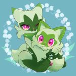  :&lt; blush closed_mouth commentary_request floragato highres holding holding_pokemon koso2023 no_humans one_eye_closed pink_eyes pokemon pokemon_(creature) sitting sprigatito twitter_username watermark 