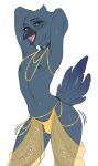 anthro avian belly_dancer bird bored_user corvid corvus_(genus) feathers gold_(metal) gold_jewelry hi_res jewelry male navel oscine passerine presenting raven tail tail_feathers
