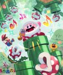  1boy beamed_eighth_notes blue_eyes blue_overalls closed_eyes eighth_note facial_hair hat highres holding holding_microphone kirby kirby_(series) mario mario_(series) microphone music musical_note mustache open_mouth overalls piranha_plant red_headwear singing super_mario_bros._wonder suyasuyabi talking_flower_(mario) warp_pipe 