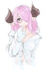  1girl absurdres blue_eyes braid brown_horns closed_mouth commentary curled_horns granblue_fantasy hair_over_one_eye hand_up highres horns keqikehe long_hair long_sleeves looking_at_viewer naked_shirt narmaya_(granblue_fantasy) navel partially_unbuttoned pink_hair pointy_ears round_eyewear shirt simple_background single_braid sleeves_past_wrists smile solo white_background white_shirt 