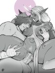  1boy 1girl bandaged_hand bandages blush body_markings breasts double_daggers female_pubic_hair heart hetero highres horns large_breasts league_of_legends long_hair looking_at_another muscular muscular_male nipples penis pink_background pointy_ears profile pubic_hair sett_(league_of_legends) short_hair single_horn soraka_(league_of_legends) spread_legs teeth testicles vaginal 