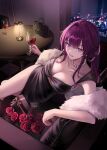  1girl alcohol alternate_costume breasts building city city_lights cleavage cup dress drinking_glass flower hair_between_eyes highres holding honkai:_star_rail honkai_(series) jewelry kafka_(honkai:_star_rail) large_breasts long_hair looking_at_viewer necklace pearl_necklace pora_0918 purple_eyes purple_hair red_flower red_rose rose scenery smile solo window wine wine_glass 
