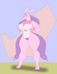 absurd_res anthro big_breasts big_butt breast_grab breasts butt female flat_colors hand_on_breast hi_res looking_at_viewer lovander pal_(species) palworld photolol.03 pink_body pink_eyes scalie simple_background solo thick_thighs wide_hips