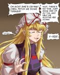  1girl absurdres blonde_hair buhbuhbored claw_pose closed_eyes commentary crying english_commentary english_text hat hat_ribbon highres long_hair long_sleeves mob_cap open_mouth purple_tabard red_ribbon ribbon signature snot solo speech_bubble tabard touhou trembling yakumo_yukari 