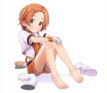  1girl absurdres barefoot belt black_belt boots cabbage_(chlehd2239) child commentary flat_chest hair_ornament hairclip highres idolmaster idolmaster_cinderella_girls jacket l.m.b.g_(idolmaster) legs light_blush looking_at_viewer no_socks on_floor orange_hair orange_headwear orange_shorts parted_bangs ryuzaki_kaoru shirt short_hair short_sleeves shorts sitting smile solo thighs toes unworn_footwear unworn_headwear white_background white_footwear white_jacket white_shirt yellow_eyes 