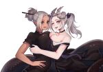  2girls asymmetrical_docking awee black_dress borrowed_character breast_press breasts cleavage collarbone dark-skinned_female dark_skin demon_girl demon_horns dress english_commentary grey_hair hair_bun hair_ornament hair_stick highres horns lamia large_breasts licking_lips looking_at_viewer monster_girl multiple_girls one_eye_closed open_mouth original pointy_ears ponytail purple_eyes second-party_source smile tongue tongue_out white_background 